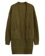 Cardigan en tricot gaufré avec poches et manches chauve-souris en olive