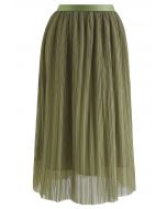 Plisse Double-Layered Mesh Tulle Skirt in Moss Green