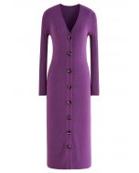 Robe mi-longue en maille boutonnée à col en V en violet