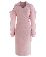 Robe moulante en tricot à épaules dénudées et manches transparentes en rose