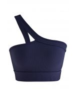 Soutien-gorge de sport côtelé à col licou incliné en bleu marine