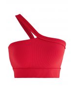 Soutien-Gorge de Sport Côtelé à Col Halter Oblique en Rouge