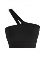 Soutien-Gorge de Sport Côtelé à Col Halter Oblique en Noir