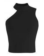 Crop Top Asymétrique en Tricot à Col Halter en Noir