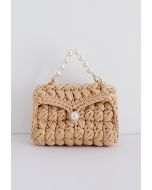 Mini sac en tricot épais tressé à chaîne perlée en fauve