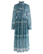 Boho Paisley Robe mi-longue en mousseline de soie plissée en bleu sarcelle