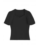 T-shirt à encolure carrée et épaules bouffantes en noir