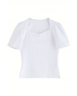 T-shirt à encolure carrée et épaules bouffantes en blanc