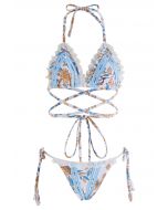 Ensemble de bikini à motif botanique et bordure en dentelle