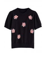 Haut en tricot à manches courtes et fleurs roses en noir