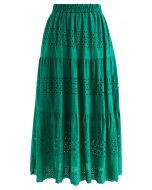 Jupe mi-longue en coton à œillets brodés Floret en vert