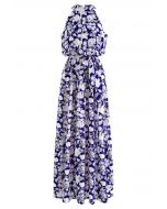 Robe longue nouée à la taille dos nu en indigo floral