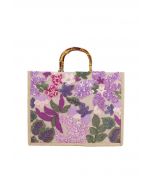 Sac fourre-tout à poignée en bambou brodé de fleurs à sequins en violet