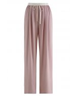 Pantalon droit plissé en satin à taille contrastante rose