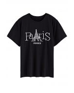 T-shirt col rond brodé tour Eiffel en noir