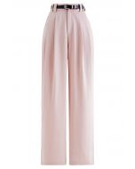 Pantalon droit en satin avec ceinture en similicuir rose