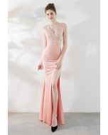 Robe Sirène à Fente Haute avec Strass Brillant en Rose