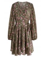 Mini robe portefeuille en mousseline de soie Floret Landscape en marron
