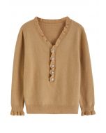 Pull en tricot boutonné sur le devant à volants, beige