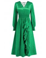 Robe longue à volants en jacquard léopard brillant en vert