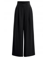 Pantalon droit plissé à taille croisée en noir