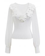 Haut en tricot épissé à manches bulles et col en V avec fleurs perlées en blanc