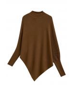 Poncho asymétrique en tricot côtelé à manches chauve-souris en caramel