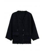 Manteau boutonné sans col à bords frangés en noir