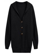 Cardigan long boutonné en tricot à col à rabat en noir