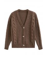 Cardigan en tricot boutonné à motif tressé en marron