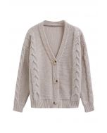 Cardigan en tricot boutonné à motif tressé en taupe