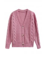 Cardigan en tricot boutonné à motif tressé en rose