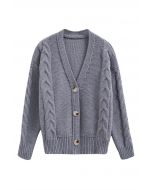 Cardigan en tricot boutonné à motif tressé en gris