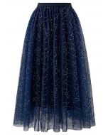 Jupe midi en tulle double épaisseur brodée de paillettes en bleu marine