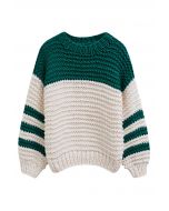 Pull épais tricoté à la main à manches rayées bicolores en vert