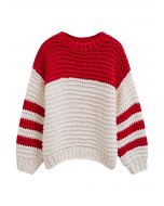 Pull épais tricoté à la main à manches rayées bicolores en rouge