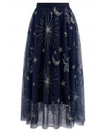 Jupe en tulle en maille brodée mystérieuse nuit lune et étoile en bleu marine