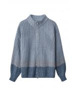 Cardigan zippé en grosse maille à sequins bicolores en bleu poussiéreux