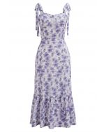 Robe midi fendue florale à épaules nouées en violet