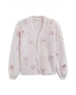 Cardigan en tricot pelucheux orné de fleurs Stitch en rose clair
