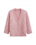Cardigan en tricot boutonné avec cœurs à pompons en rose