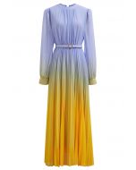 Blue-Yellow Ombre Pleated Belt Chiffon Maxi Dress