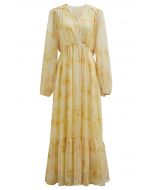 Seashell Beaded Tie-Waist Chiffon Maxi Dress in Yellow