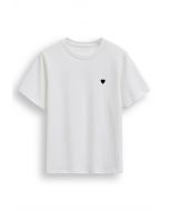 Joli T-Shirt à Motif de Coeur Brodé en Blanc