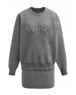 Ensemble pull et jupe en tricot à lettres Paris en gris