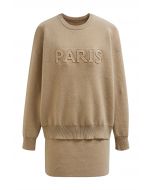 Ensemble pull et jupe en maille Paris Letter en camel