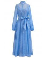 Rhinestone Decor Button Tie-Sash Organza Maxi Dress in Light Blue