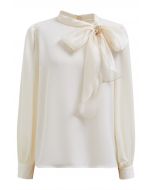 Self-Tie Bowknot Floral Brooch Satin Shirt in Cream