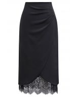 Lace Inserted Tulip Midi Skirt in Black