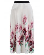 Jupe mi-longue plissée à fleurs aquarelle en bordeaux
